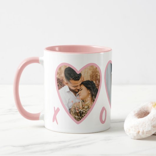 Moderne Valentijnse Blush Pink Hearts Foto Mok (Met donut)