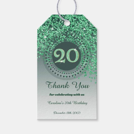 Moderne vallende groene glitter 20e verjaardag cadeaulabel (Voorkant)