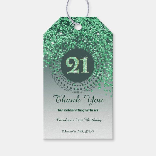 Moderne vallende groene glitter 21e verjaardag cadeaulabel (Voorkant)