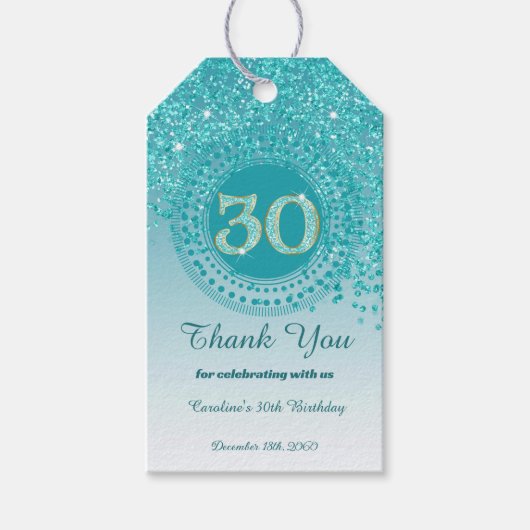 Moderne vallende turquoise glitters 30e verjaardag cadeaulabel (Voorkant)