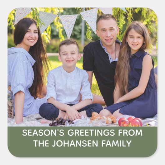 Moderne varen Groene Familie Foto Kerstmis Vierkante Sticker (Voorkant)