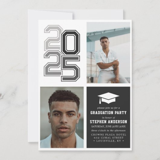 Moderne Varsity Black Photo Graduation Party Kaart (Voorkant)