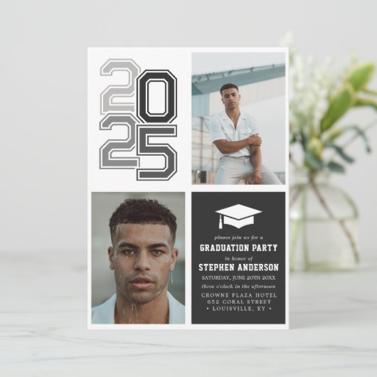 Moderne Varsity Black Photo Graduation Party Kaart (Staand voorkant)