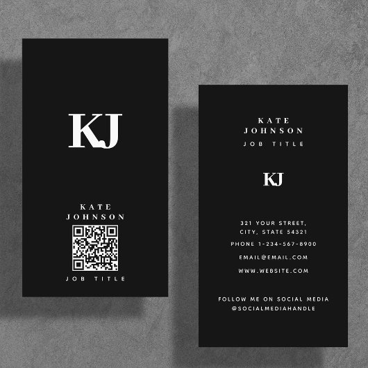 Moderne vaste monogram Initialen QR Code Black Visitekaartje