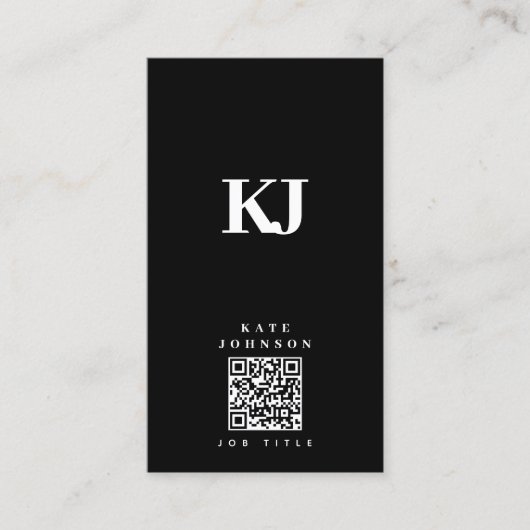 Moderne vaste monogram Initialen QR Code Black Visitekaartje (Voorkant)