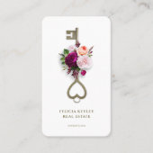 Moderne vastgoedmakelaar Floral Key Monogram Visitekaartje (Voorkant)