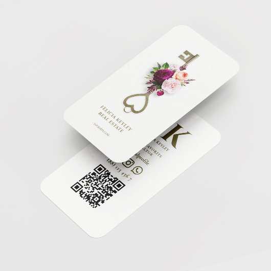 Moderne vastgoedmakelaar Floral Key Monogram Visitekaartje