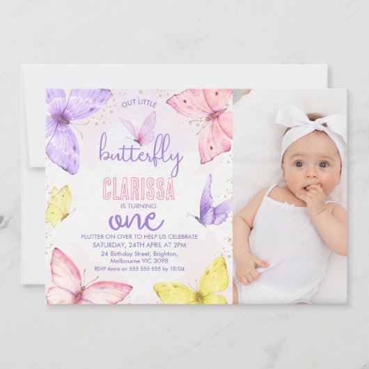Moderne veelkleurige foto Butterfly 1e verjaardag Kaart (Voorkant)