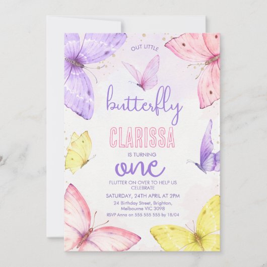 Moderne veelkleurige kleine vlinder 1e verjaardag kaart (Voorkant)