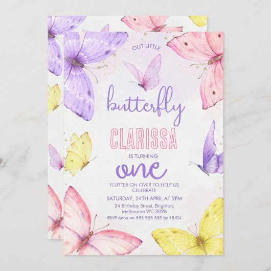 Moderne veelkleurige kleine vlinder 1e verjaardag kaart (Voorkant / Achterkant)