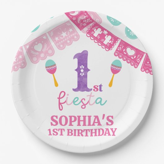 Moderne veelkleurige meisjes Fiesta 1e verjaardag Papieren Bordje (Voorkant)