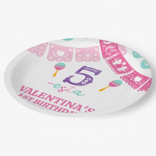 Moderne veelkleurige meisjes Fiesta 5e verjaardag Papieren Bordje (Gekanteld)