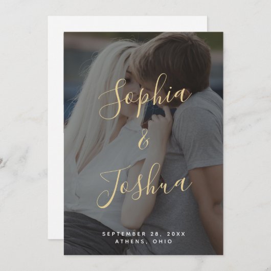 Moderne Vellum Look Gold Script Foto Bewaar de dat Kaart (Voorkant / Achterkant)