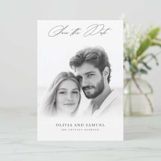 Moderne Vellum Overlay Foto Bruiloft Save The Date Kaart (Staand voorkant)