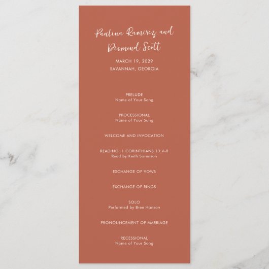 Moderne Verbrand Oranje Eenvoudige Bruiloft Programmakaart (Voorkant)