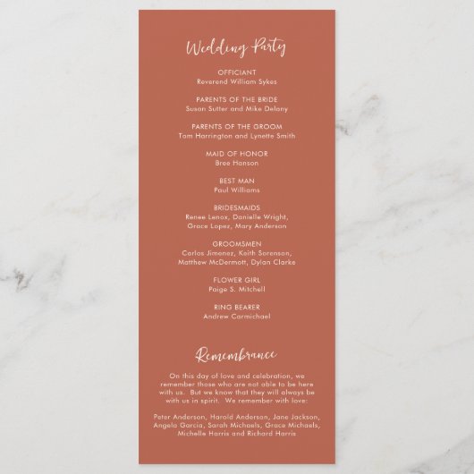 Moderne Verbrand Oranje Eenvoudige Bruiloft Programmakaart (Achterkant)