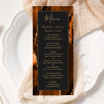 Moderne, verbrande Oranje goudmakerij Menu<br><div class="desc">Dit elegante,  moderne trouwmenu is voorzien van een waterverf verbrand oranje agate achtergrond die met gouden faux glitter is bedekt. De tekst verschijnt in elegant goudkleurige handschrift en copperplate doopvonten op een donkere van-zwarte rechthoek. Het agate ontwerp wordt herhaald op de achterzijde.</div>