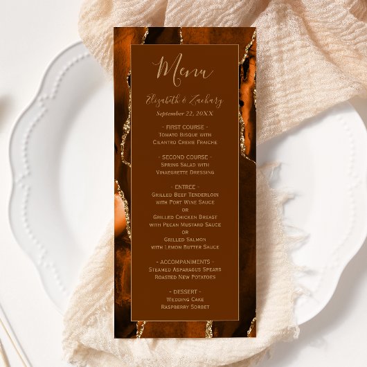 Moderne verbrande Sinaasappel Agaat Bruine bruilof Menu