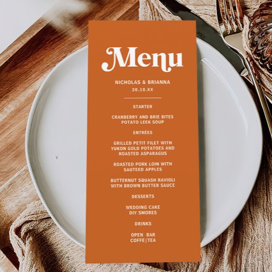 Moderne verbrande Sinaasappel retro boho bruiloft Menu