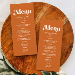 Moderne verbrande Sinaasappel retro boho bruiloft Menu