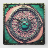 Moderne Verdigris en roze toermalijn Metal Art Vierkante Klok (Voorkant)