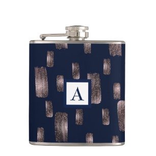 Moderne verfkwast Roze Goud & Marineblauw Glitter Heupfles