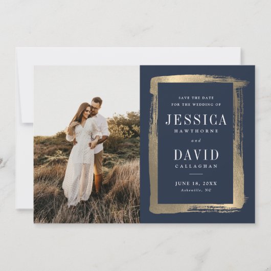Moderne Vergulde Lijst Foto Huwelijk Save The Date (Voorkant)