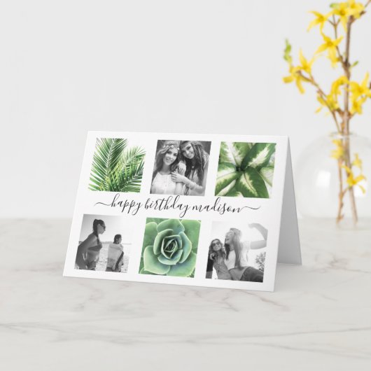 Moderne verjaardag 6 fotocollage kaart (Gele Bloem)