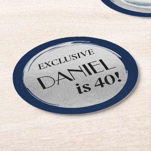 Moderne Verjaardag Marine Blauw Zilver Ronde Kartonnen Onderzetter (Gebogen)