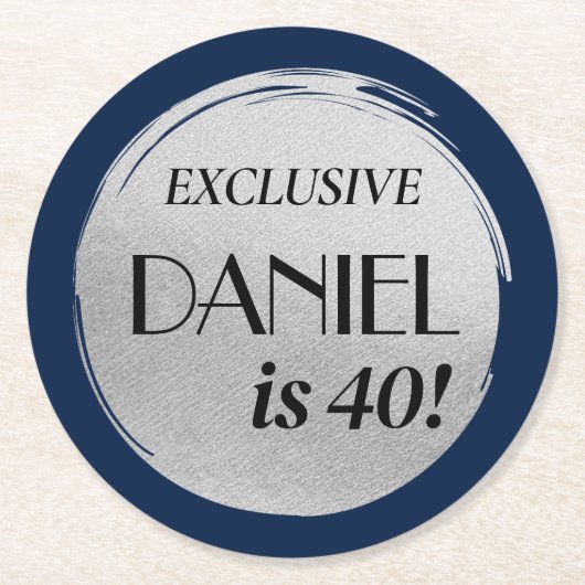 Moderne Verjaardag Marine Blauw Zilver Ronde Kartonnen Onderzetter (Voorkant)