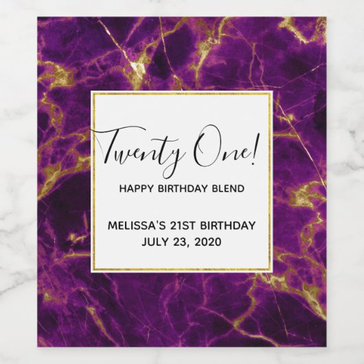 Moderne Verjaardag Paarse & Gouden Abstract Marmer Wijn Etiket (Enkel label)