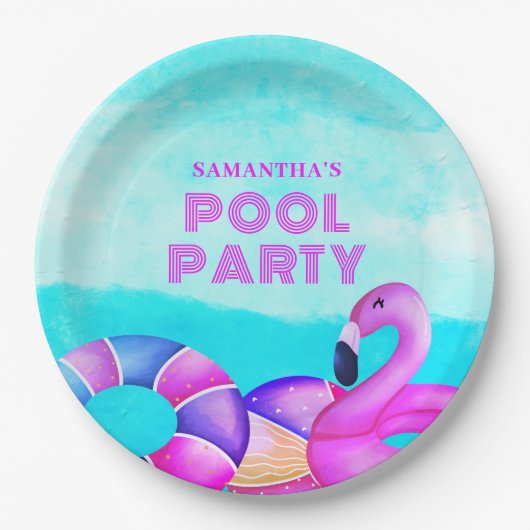 Moderne verjaardag Pool Party Roze Flamingo Papieren Bordje (Voorkant)