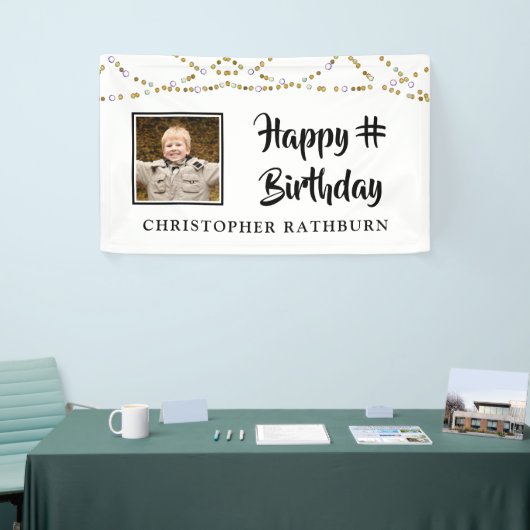 Moderne Verjaardag String Lights Borstel Script Fo Spandoek (Beurs)