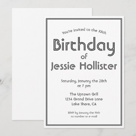 Moderne Verjaardag Uitnodiging ELKE LEEFTIJD | Zwa (Voorkant / Achterkant)