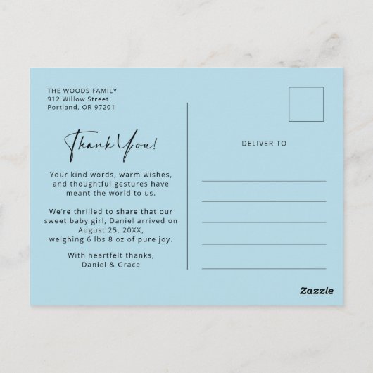 Moderne verjaardagsaankondiging voor baby's bedank briefkaart (Achterkant)