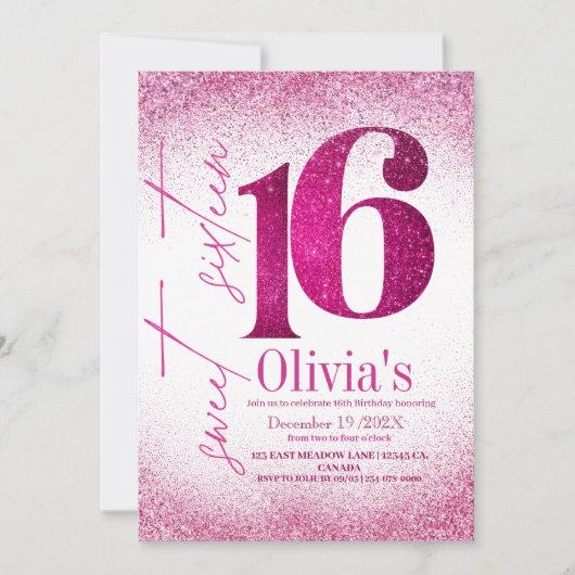 Moderne verjaardagsfeest Sweet 16 Roze Glitters Kaart (Voorkant)