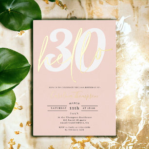 Moderne verjaardagsfoto met 'hello 30' in roze gou folie uitnodiging