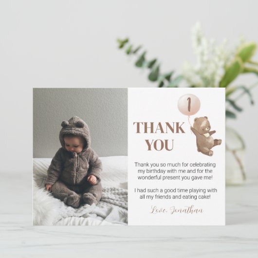 Moderne Verjaardagskaart met foto en ballon in de  Bedankkaart (Staand voorkant)