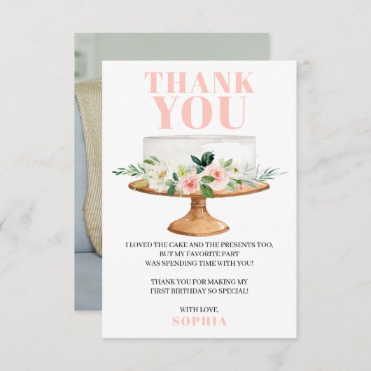 Moderne verjaardagstaart eerste verjaardag dank u  kaart (Voorkant / Achterkant)