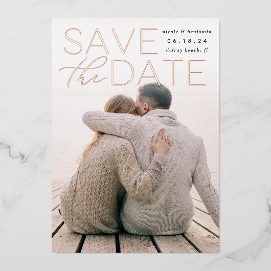 Moderne verklaring | Verticale foto slaat de datum Folie Uitnodiging (Voorkant)