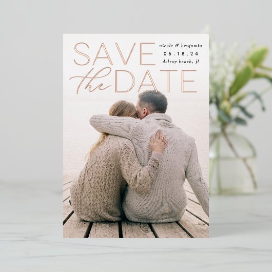 Moderne verklaring | Verticale foto slaat de datum Folie Uitnodiging (Staand Voorkant)