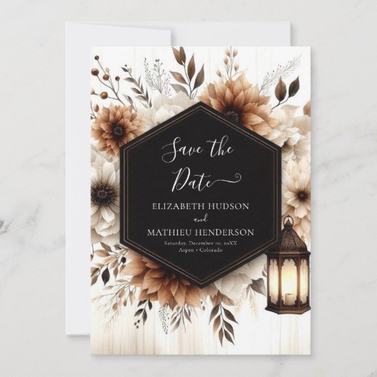 Moderne verlichting rustieke bruiloft save the date (Voorkant)