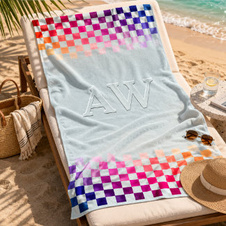 Moderne Verlopende Dambordrand Monogram Strandlaken