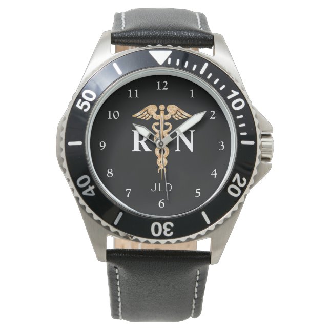 Moderne verpleegster RN zwart Monogram Mannen Horl Horloge (Voorkant)