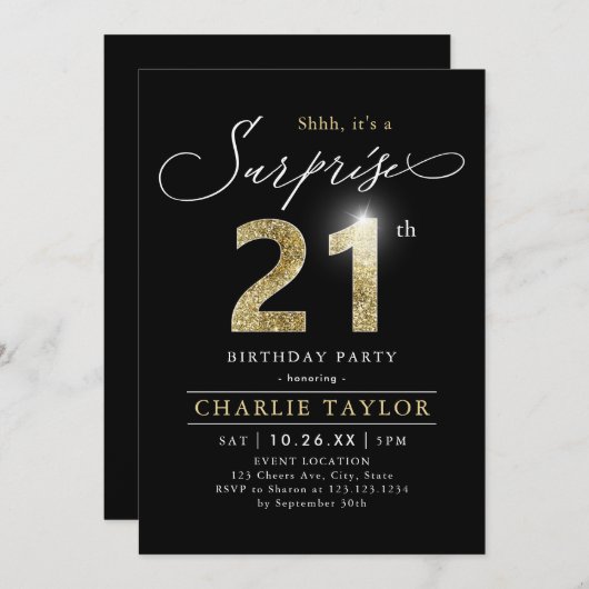 Moderne verrassing voor zwarte en gouden volwassen kaart (Voorkant / Achterkant)