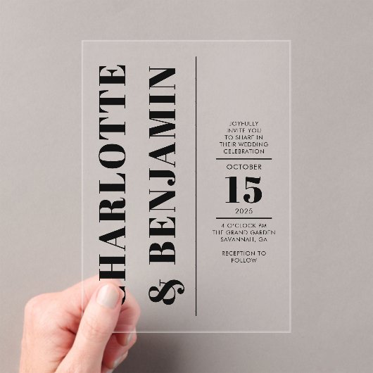 Moderne Verticale Bold Black Wedding Acryl Uitnodigingen (Insitu (Draagbaar))