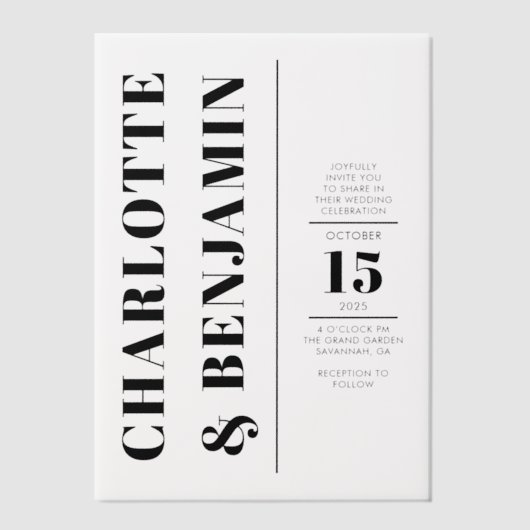 Moderne Verticale Bold Black Wedding Vellum Uitnodigingen (Voorkant)