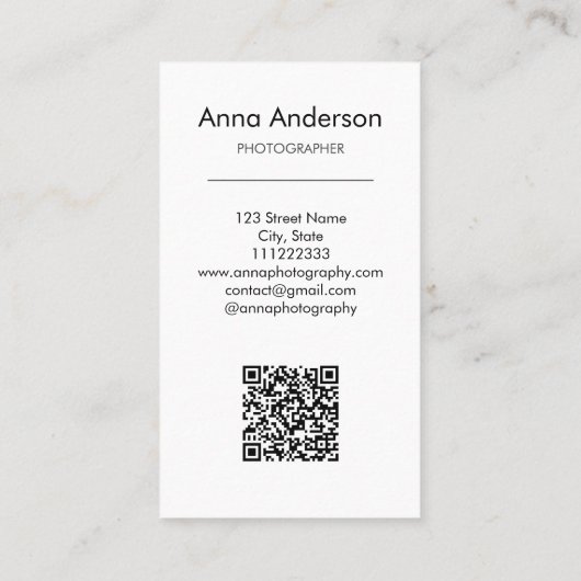 Moderne verticale fotografie QR-code fotograaf Visitekaartje (Achterkant)