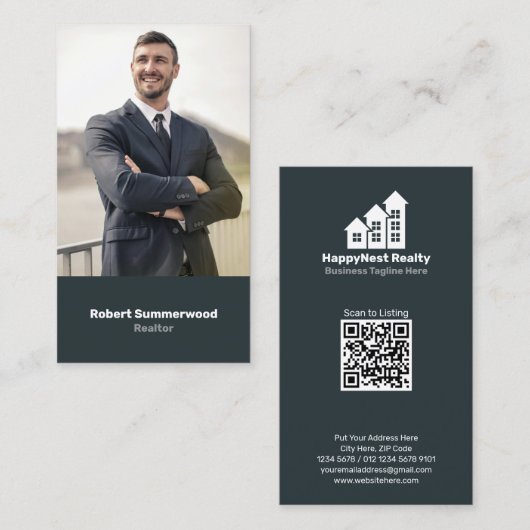 Moderne Verticale Vastgoedmakelaar Foto QR Code Visitekaartje (Voorkant / Achterkant)