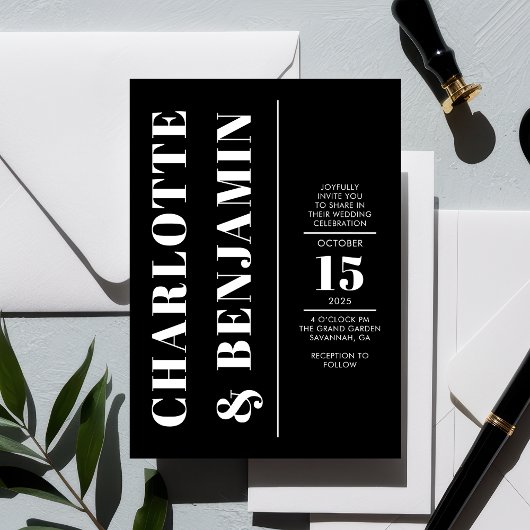 Moderne verticale vet wit en zwart bruiloft kaart